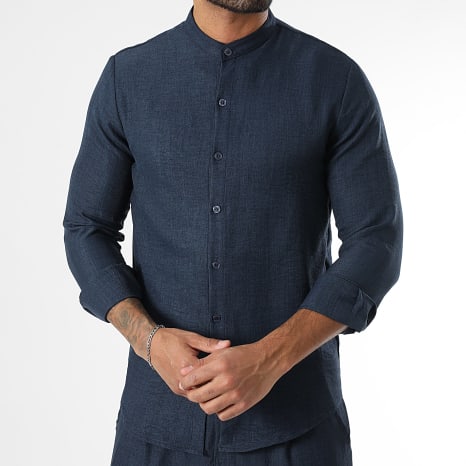 LBO - Chemise Manches Longues Effet Lin Col Officier 1924 Bleu Marine