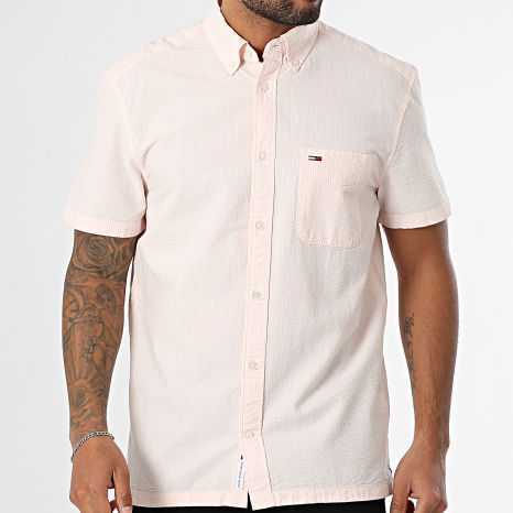 Tommy Jeans - Chemise Manches Courtes A Rayures Regular Seersucker 0891 Rose Clair Blanc