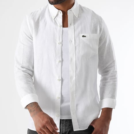Lacoste - Camisa de Manga Larga Logo Bordado Cocodrilo Blanco
