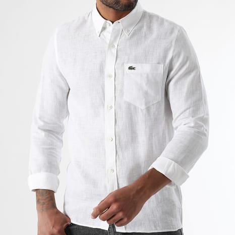 Lacoste - Camisa de Manga Larga Logo Bordado Cocodrilo Blanco