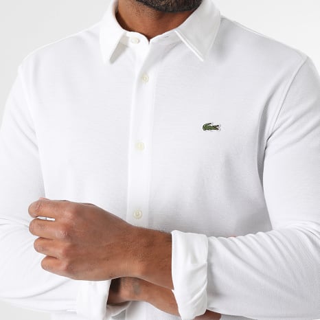 Lacoste - Camisa de Mangas Largas Logo Bordado Cocodrilo Slim Fit Blanca