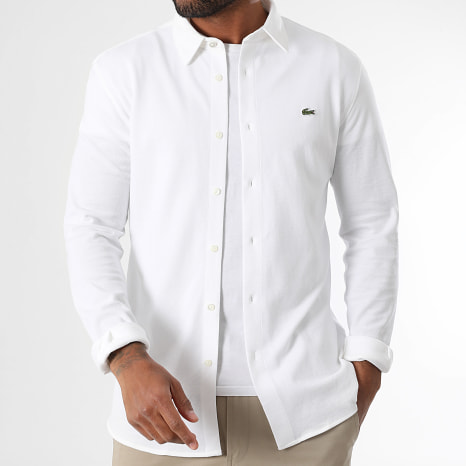 Lacoste - Camisa de Mangas Largas Logo Bordado Cocodrilo Slim Fit Blanca