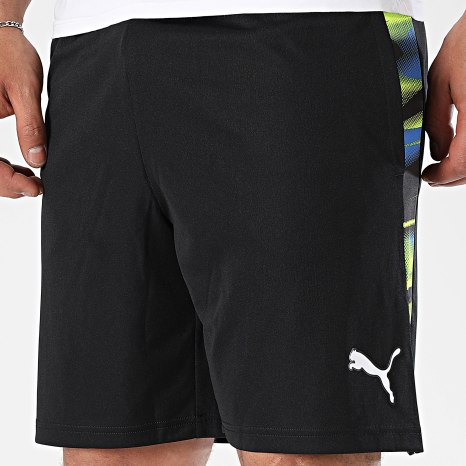 Puma - Short Jogging A Bandes OM Faster 781435 Noir Bleu Roi Jaune Fluo