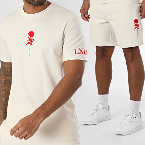 Luxury Lovers - Velvet Pink Beige Red Tee Shirt And Jogging Shorts Set