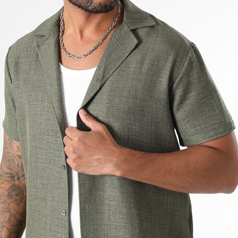 LBO - Ensemble Chemise Manches Courtes Et Pantalon Effet Lin 1552 Vert Kaki