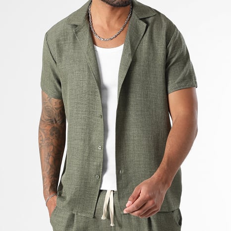 LBO - Ensemble Chemise Manches Courtes Et Pantalon Effet Lin 1552 Vert Kaki