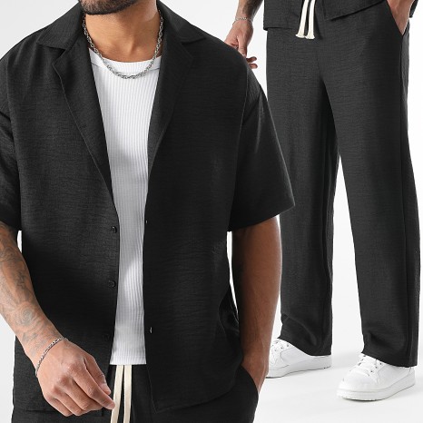 LBO - Conjunto Camisa de Manga Corta y Pantalón Efecto Lino Amplia 2058 Negro