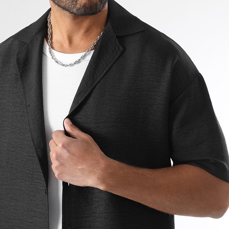 LBO - Conjunto Camisa de Manga Corta y Pantalón Efecto Lino Amplia 2058 Negro