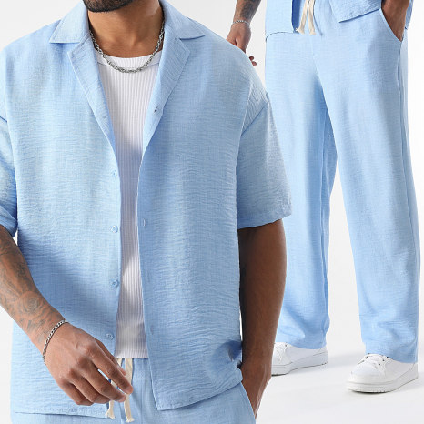LBO - Conjunto Camisa de Manga Corta y Pantalón Efecto Lino Amplia 2059 Azul Claro