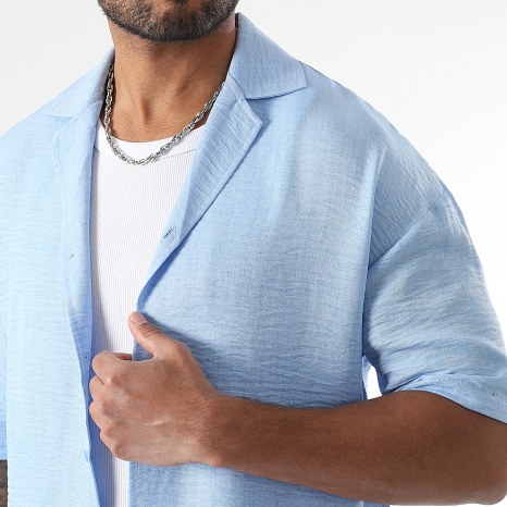 LBO - Conjunto Camisa de Manga Corta y Pantalón Efecto Lino Amplia 2059 Azul Claro