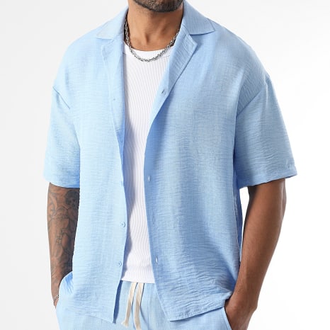 LBO - Conjunto Camisa de Manga Corta y Pantalón Efecto Lino Amplia 2059 Azul Claro