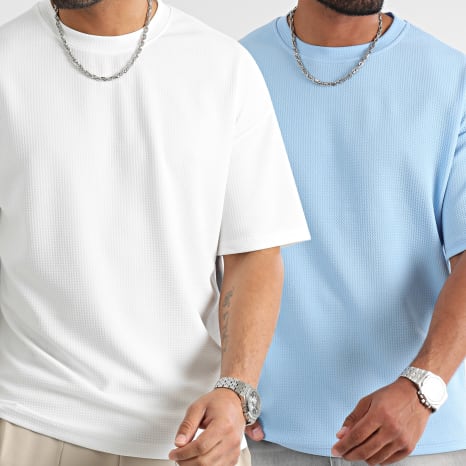 LBO - Lot De 2 Tee Shirt Texturé Waffle Large 2061 Blanc Bleu Clair