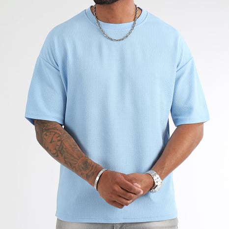 LBO - Lot De 2 Tee Shirt Texturé Waffle Large 2061 Blanc Bleu Clair