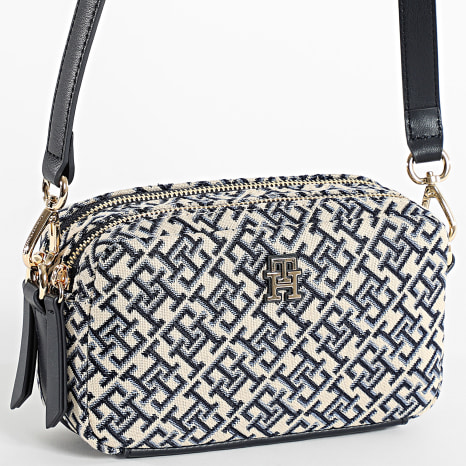 Tommy Hilfiger - Sac A Main Femme Jacquard Camera 7443 Beige Bleu Marine Doré