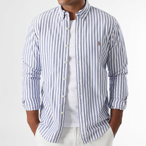 Polo Ralph Lauren - Azul Marino Blanco Slim Oxford Camisa de Manga Larga a Rayas