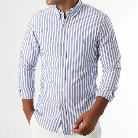 Polo Ralph Lauren - Azul Marino Blanco Slim Oxford Camisa de Manga Larga a Rayas