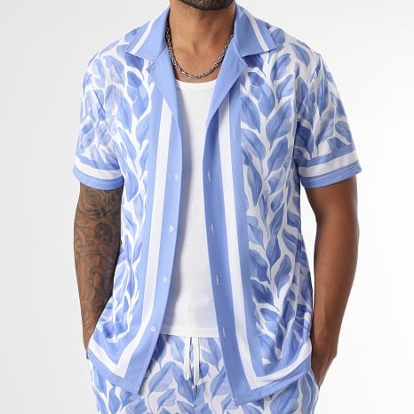 Classic Series - Ensemble Chemise Manches Courtes Et Short Jogging Imprimé Feuillage 2105 Bleu Clair Blanc