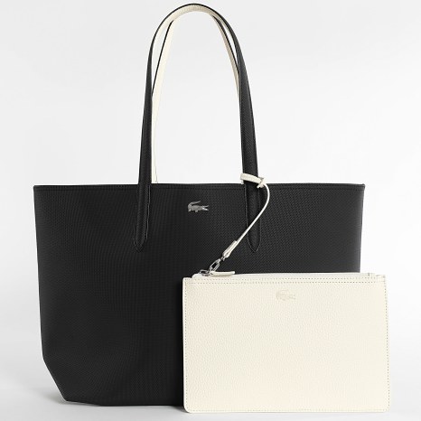 Lacoste - Lot Sac A Main Réversible Et Pochette Femme Logo Crocodile Metal Noir Beige Clair