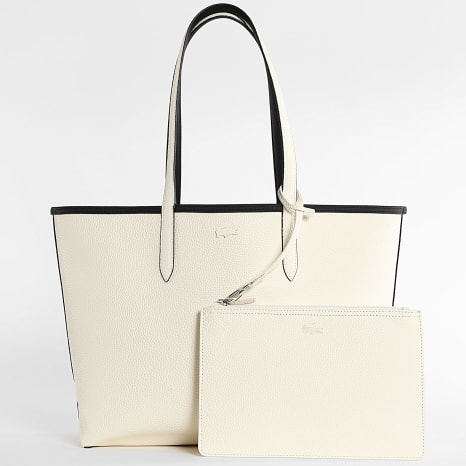 Lacoste - Lot Sac A Main Réversible Et Pochette Femme Logo Crocodile Metal Noir Beige Clair