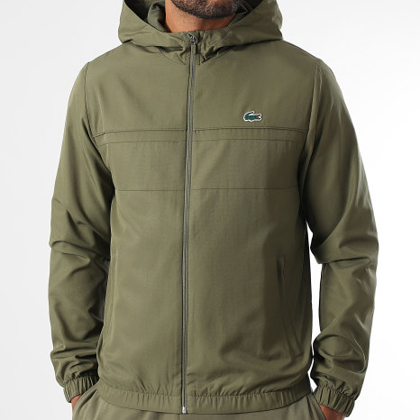 Lacoste - Chaqueta con capucha y cremallera y logotipo de cocodrilo verde caqui