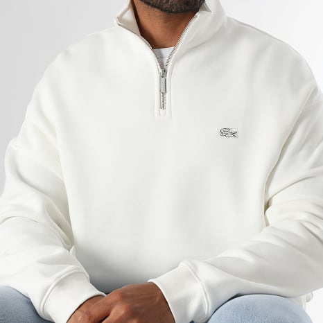 Lacoste - Sweat Col Zippé Loose Fit Logo Brodé Crocodile Ton Sur Ton Blanc