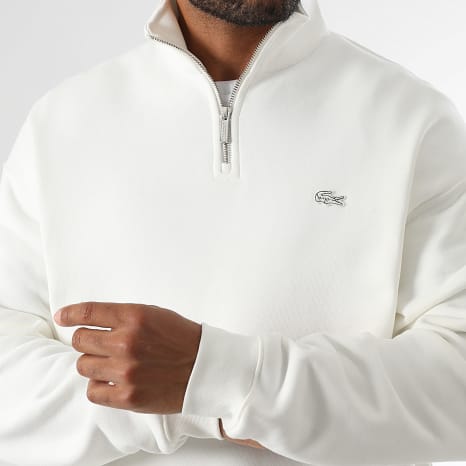 Lacoste - Sweat Col Zippé Loose Fit Logo Brodé Crocodile Ton Sur Ton Blanc