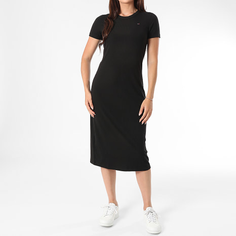 Tommy Jeans - Mujeres Bodycon Midi Tee Shirt Maxi Vestido 9721 Negro