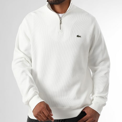 Lacoste - Sweat Col Zippé Logo Brodé Crocodile Blanc