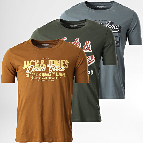 Jack And Jones - Lot De 3 Tee Shirts Logo Vert Kaki Gris Camel