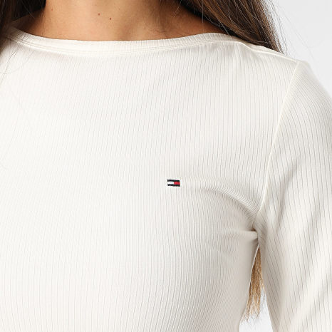 Tommy Hilfiger - Tee Shirt Manches Longues Côtélé Femme Rib Boat 7309 Blanc
