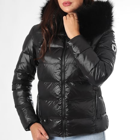 Comme Des Loups - Edredón con capucha de piel de abrigo negro Budapest para mujer