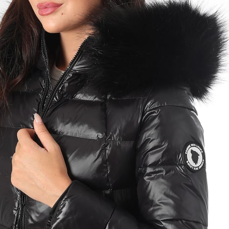 Comme Des Loups - Edredón con capucha de piel de abrigo negro Budapest para mujer
