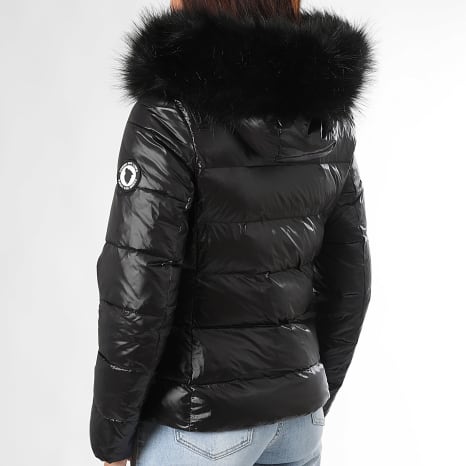 Comme Des Loups - Edredón con capucha de piel de abrigo negro Budapest para mujer