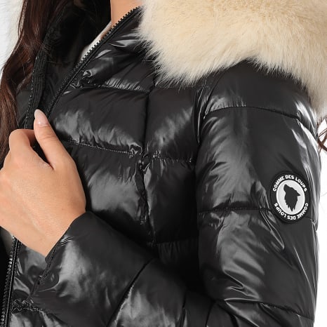 Comme Des Loups - Edredón con capucha de piel calefactada Budapest Negro Blanco Mujer