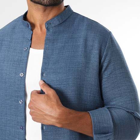 LBO - Ensemble Chemise Manches Longues Col Officier Et Pantalon Effet Lin 2293 Bleu Marine Chiné