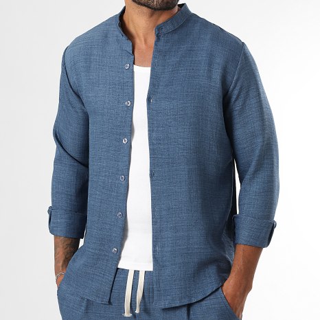 LBO - Ensemble Chemise Manches Longues Col Officier Et Pantalon Effet Lin 2293 Bleu Marine Chiné