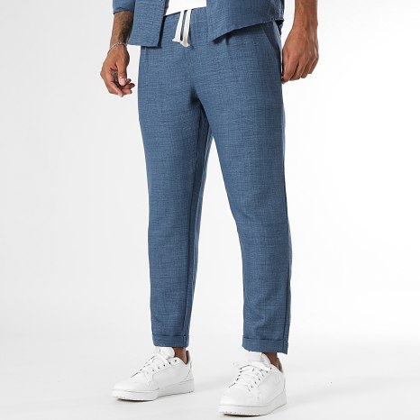 LBO - Ensemble Chemise Manches Longues Col Officier Et Pantalon Effet Lin 2293 Bleu Marine Chiné