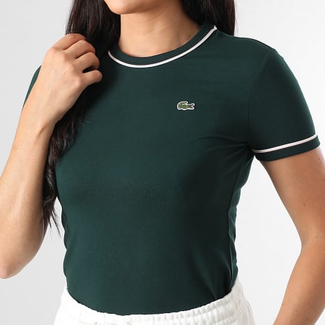 Lacoste - Camiseta Mujer Slim Fit Logo Bordado Cocodrilo Verde Oscuro