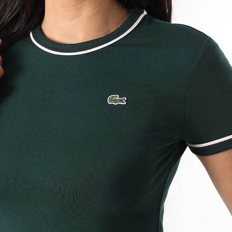 Lacoste - Camiseta Mujer Slim Fit Logo Bordado Cocodrilo Verde Oscuro