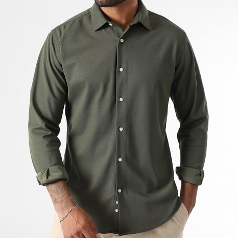 LBO - Lote de 2 camisas de manga larga de piqué elástico 0017 0002 Negro Verde Caqui