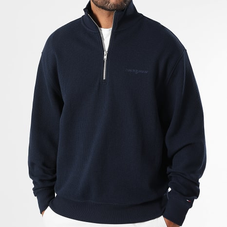 Tommy Jeans - Sudadera con cuello de cremallera Waffle Script 1880 azul marino