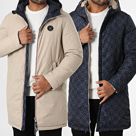 Kymaxx - Parka Reversible Capucha Zippé Beige Azul Marino