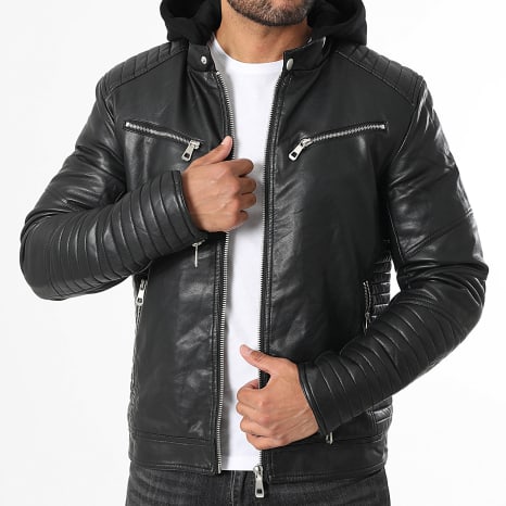 Kymaxx - Cazadora motera con capucha en polipiel negra