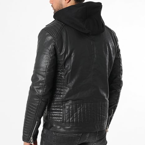 Kymaxx - Cazadora motera con capucha en polipiel negra