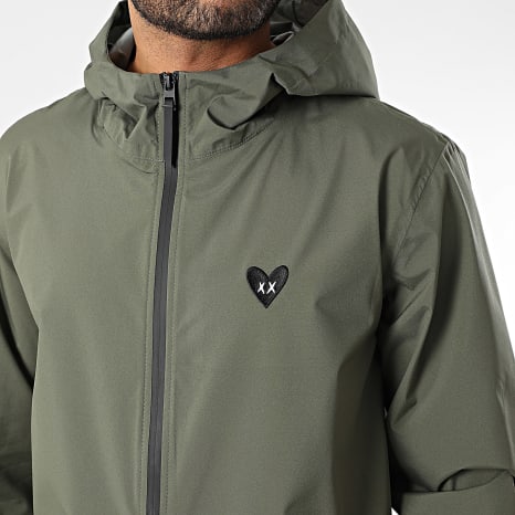 Luxury Lovers - Cortavientos con Capucha Bordado Corazón Negro Verde Caqui