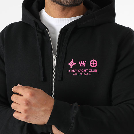 Teddy Yacht Club - Sweat Zippé Capuche Atelier Paris Noir Rose Fluo