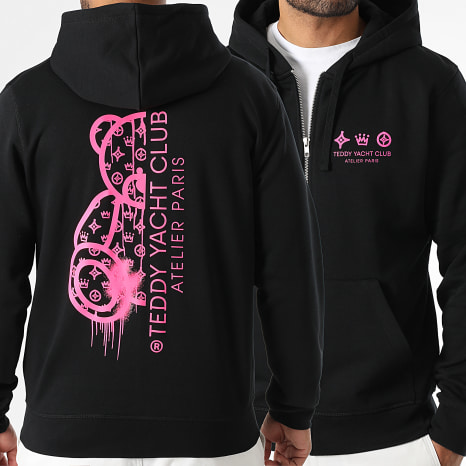 Teddy Yacht Club - Sweat Zippé Capuche Atelier Paris Noir Rose Fluo