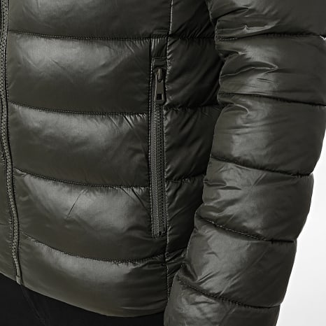 Kymaxx - Plumífero con Capucha de Piel Verde Caqui Oscuro