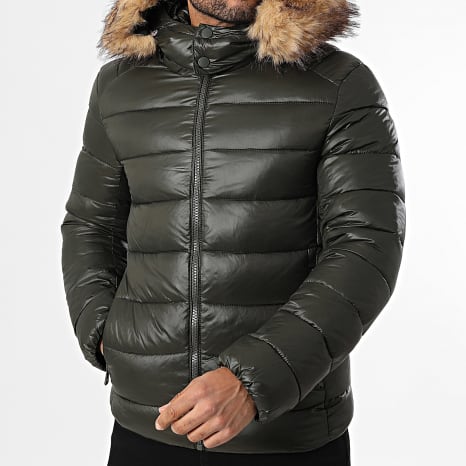 Kymaxx - Plumífero con Capucha de Piel Verde Caqui Oscuro