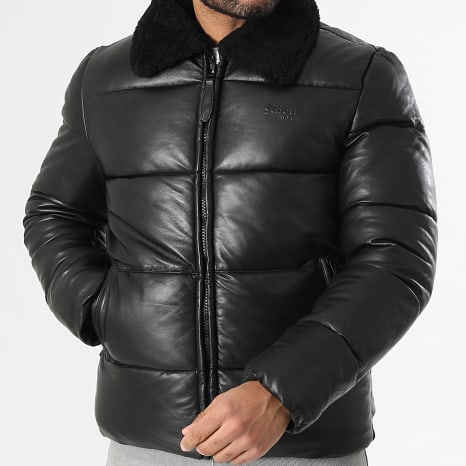 Schott NYC - Plumífero Cuero Cuello Moutón Oklahoma Negro